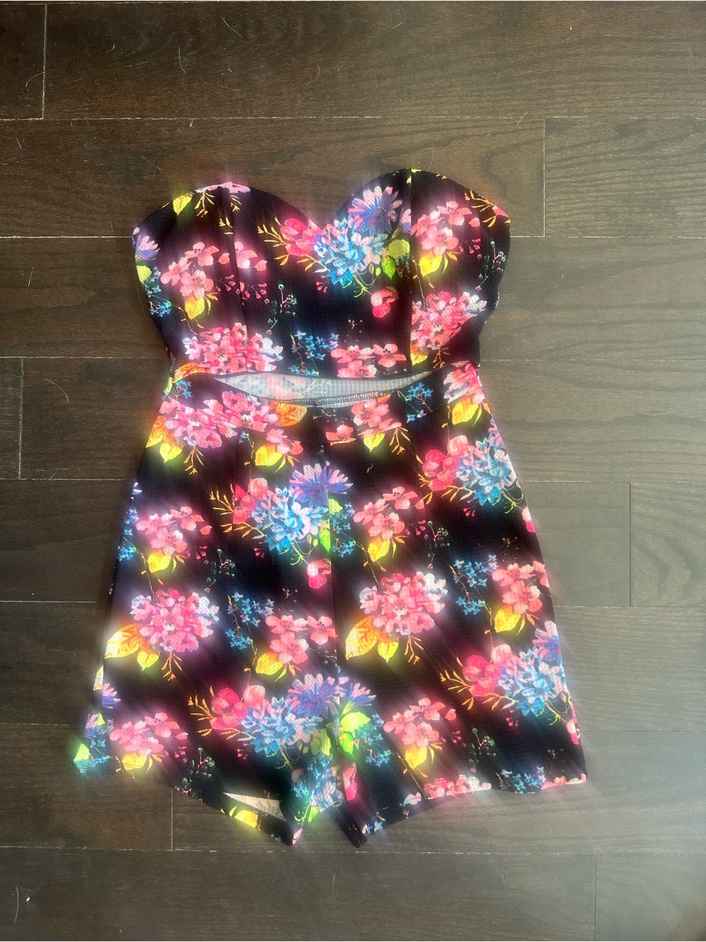 Floral Strapless Romper in Black with Multicolor florals and keyhole cutout